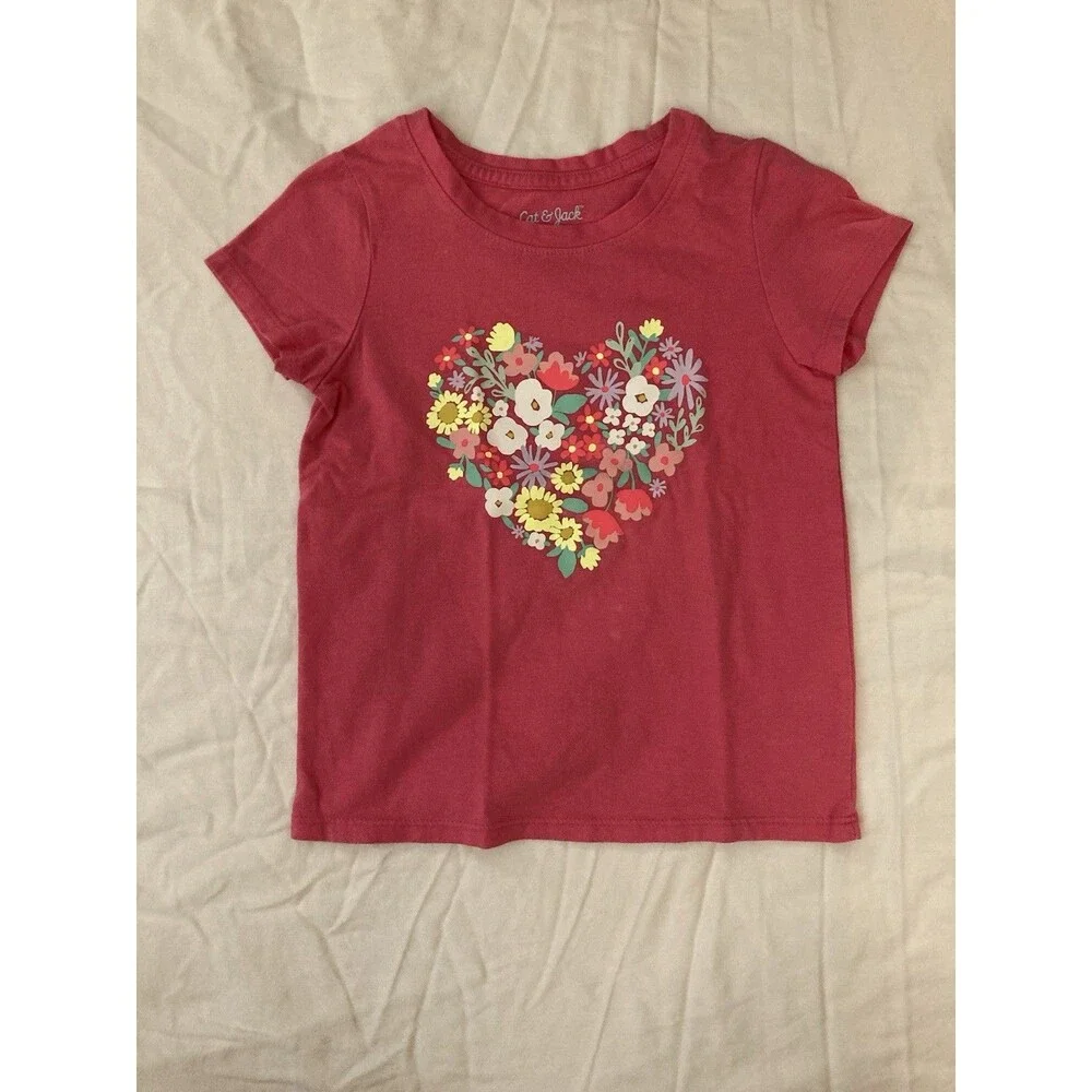 5T Cat & Jack girls clothes - 1 piece T shirt | pink, heart and flowers theme